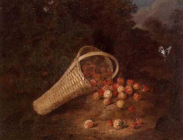 unknow artist A wooded landscape with sirawberries spilling from an overturned basket